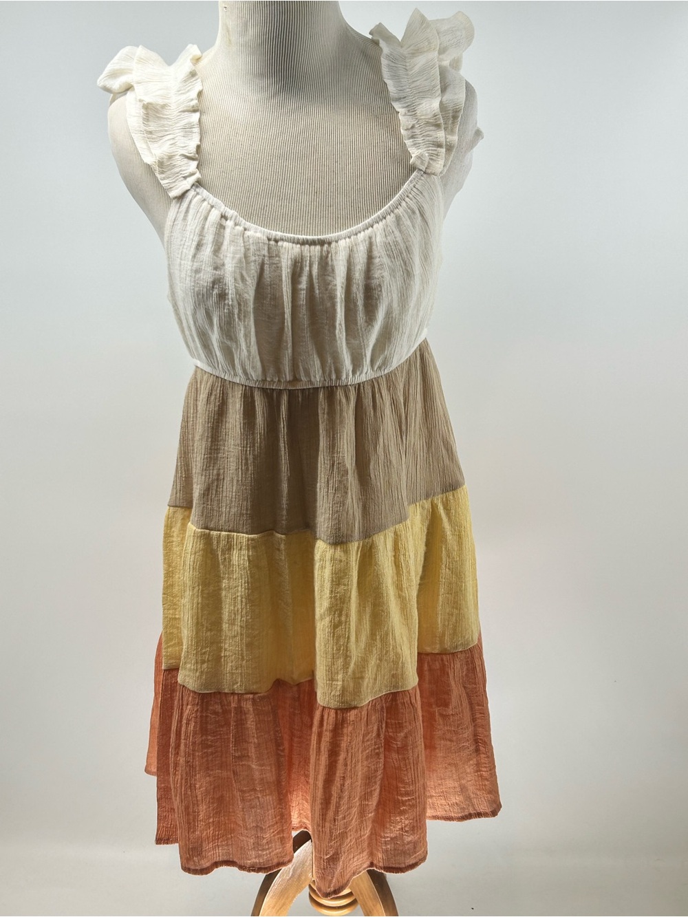 Blu Pepper Mini Dress Gauze Tiered Color Block Ruffle Cream Tan Large Preppy